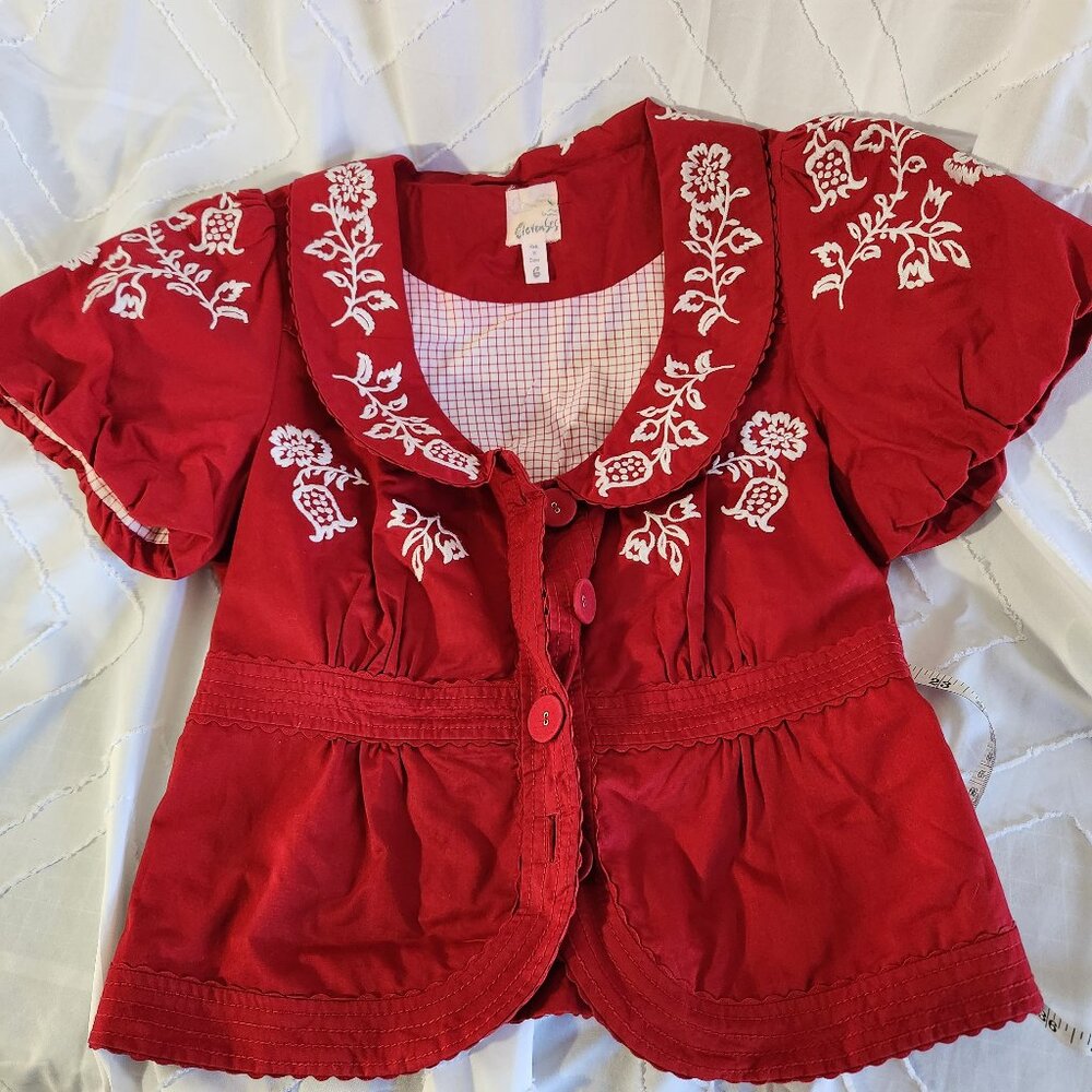 Anthropologie Elevenses Size 6 Red Embroidered Short Sleeve Shirtwaist